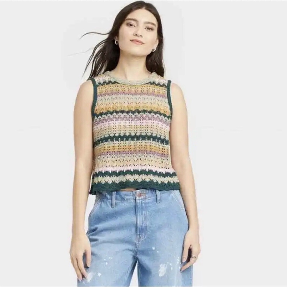 5 FOR $25 | Universal Thread Openwork Sweater Tank Top Vest Crochet Green Tan S